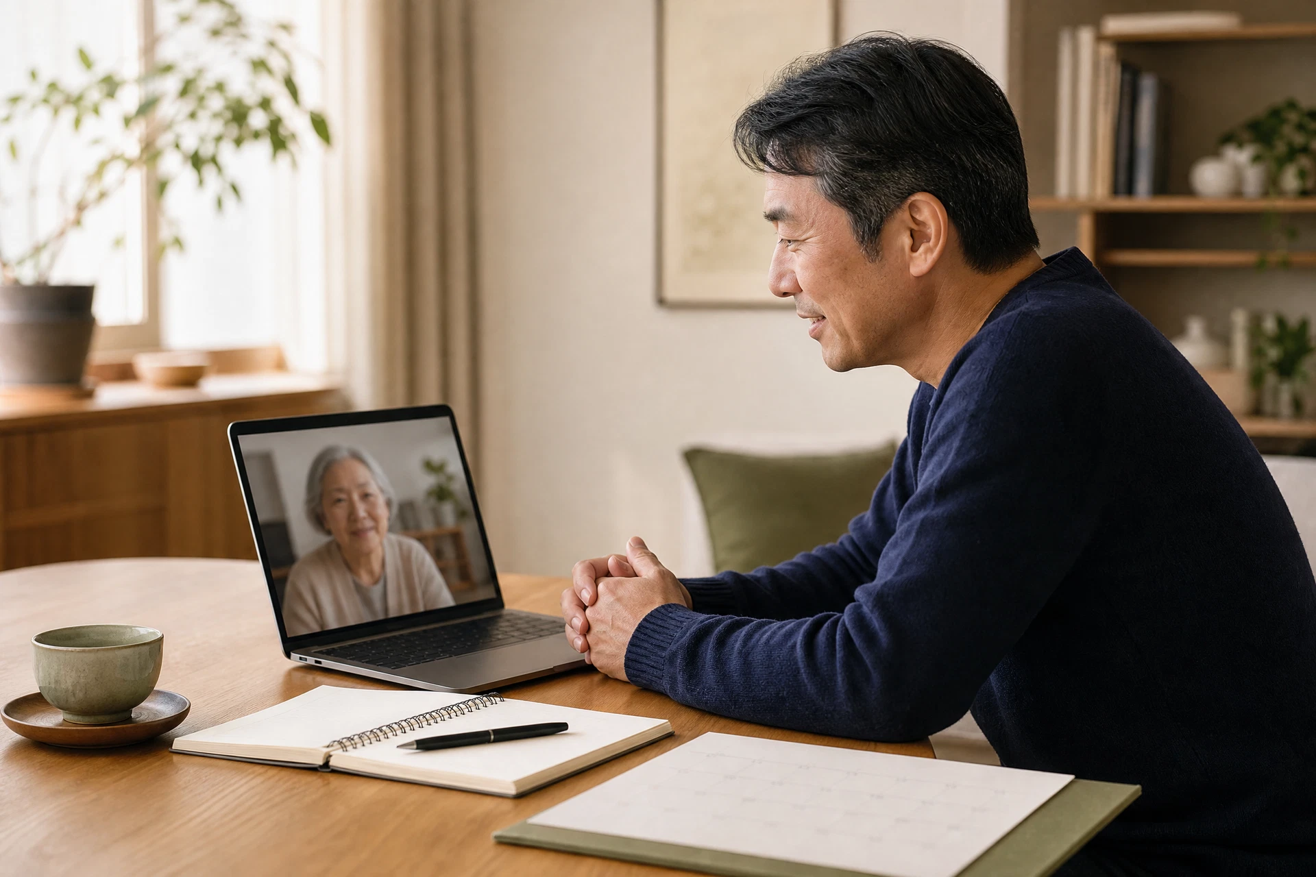 An East Asian American man coordinating care for his older mother from a distance.