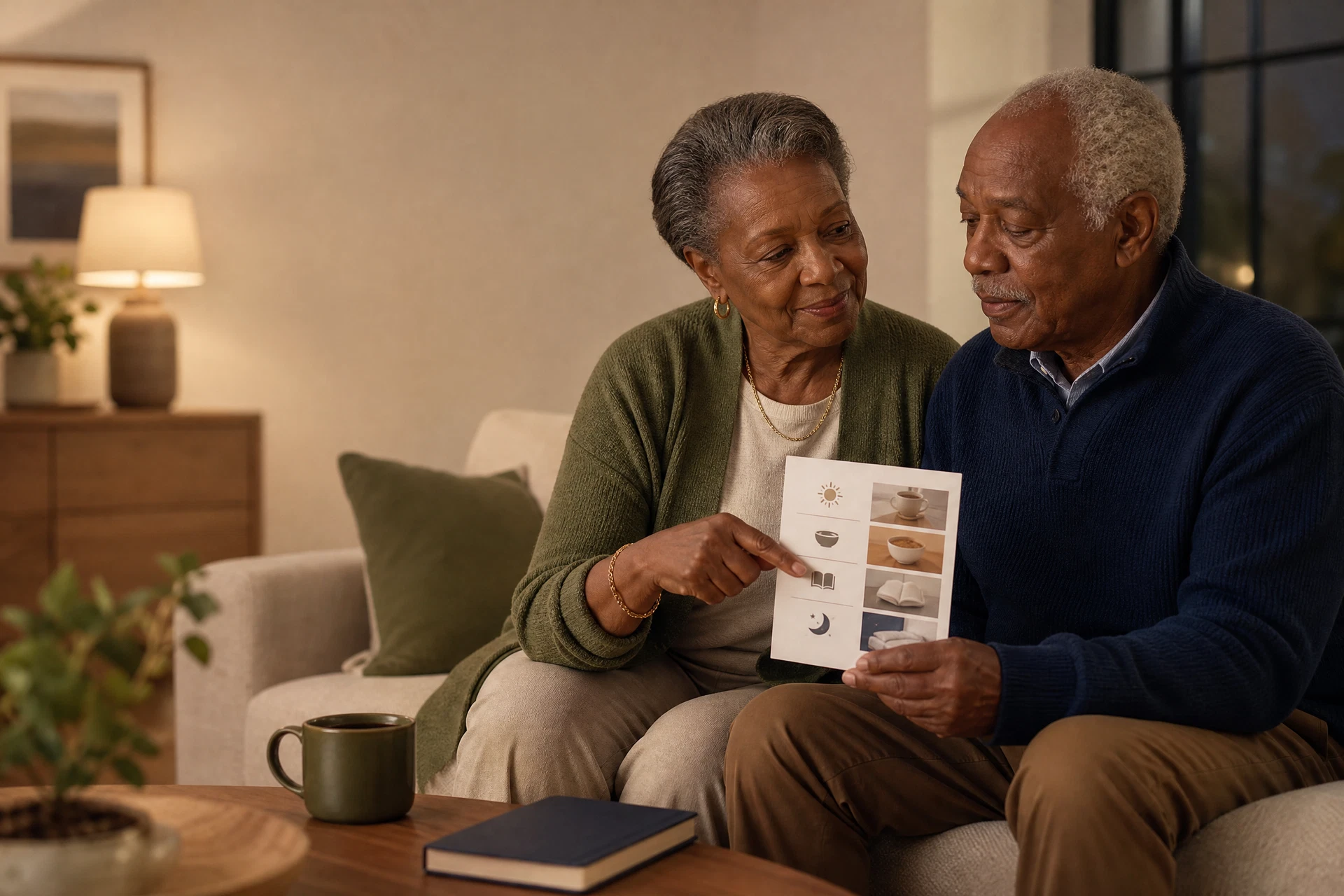 An older Black couple using a familiar routine card together at home.