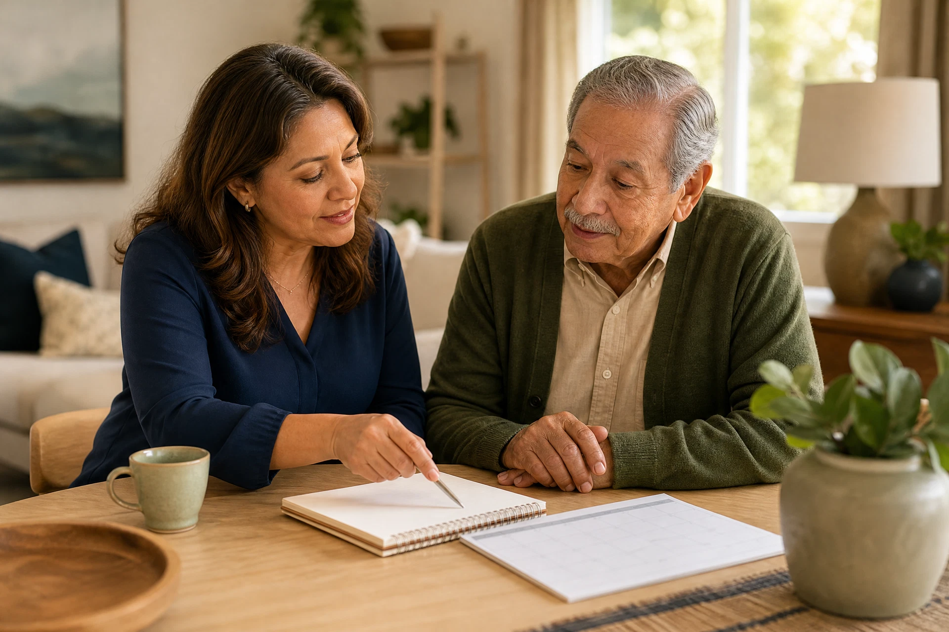 A Latina adult daughter and her older father calmly planning support after returning home.